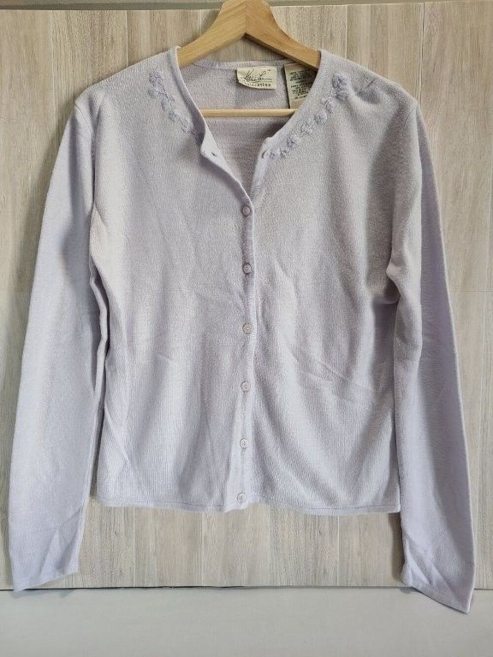 Vintage Kathie Lee Lilac Cardigan Small Embroidered Floral Button Front Sweater